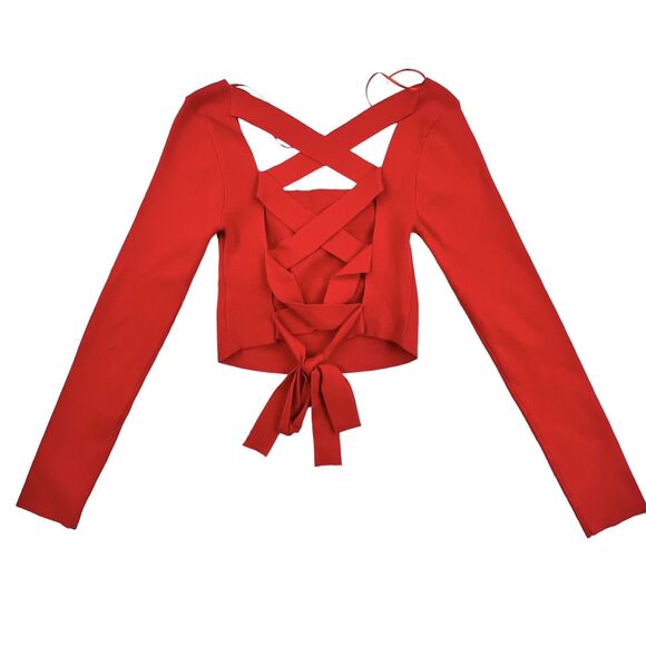 Le Lis Top Women's Medium Red Lace Knit Cropped Criss Cross Strap Back Sweater - Picture 5 of 14